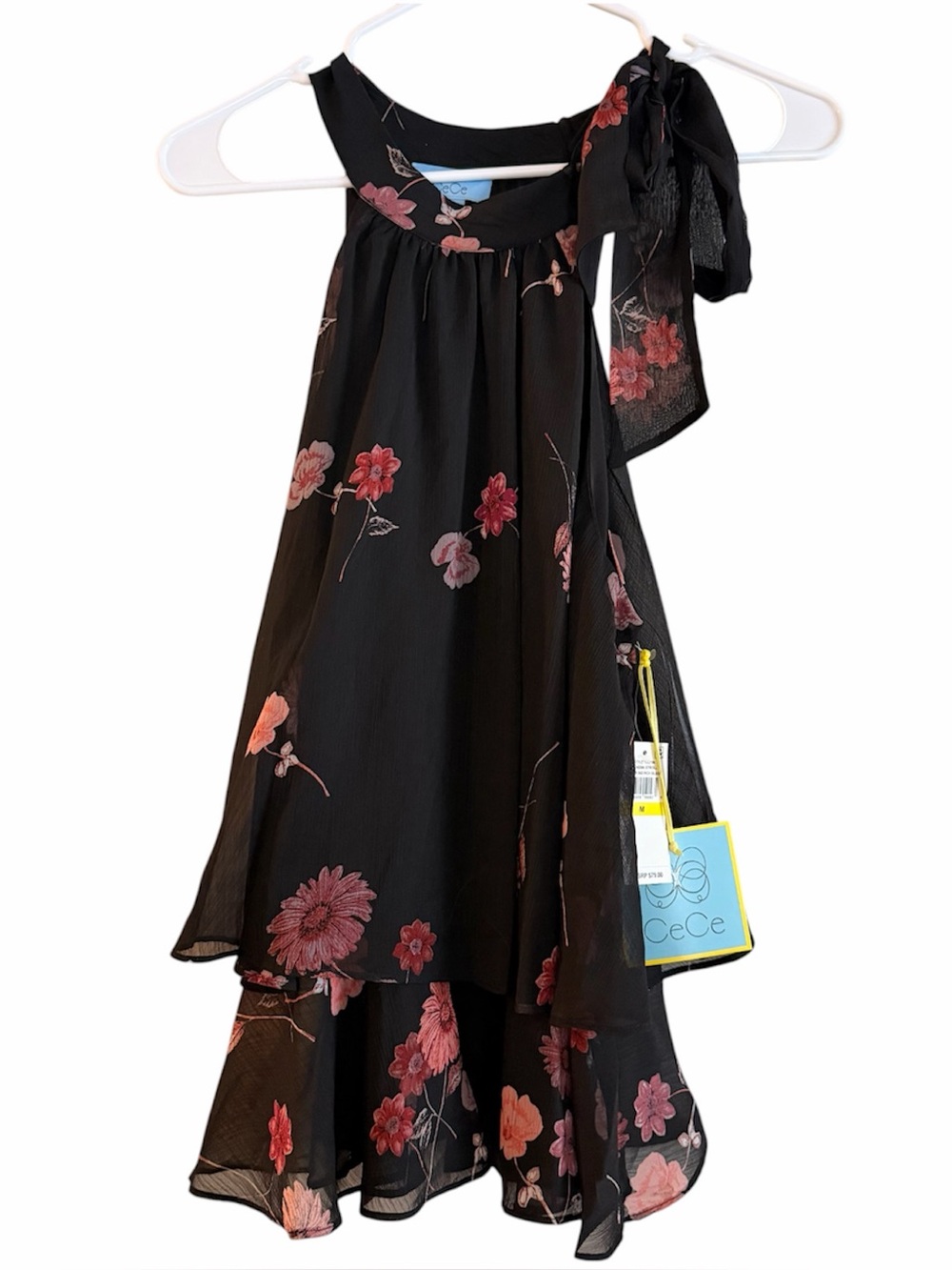 CeCe Black Floral Bow Halter Tie Tiered Ruffle Crinkle Chiffon Blouse M NWT